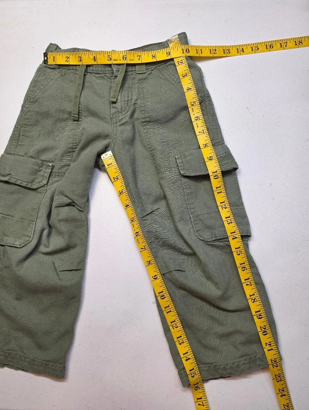 Y2K Linen Cotton Boys Olive Green Cargo Pants Drawstring Waist Roll Tab Ankle